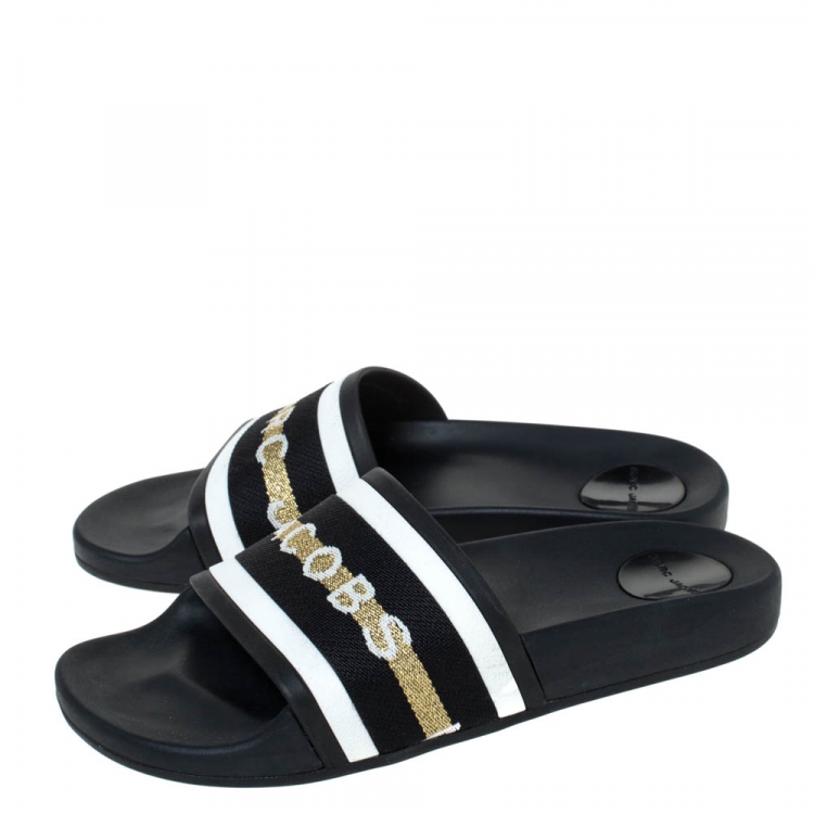 Pre Owned Marc Jacobs Monochrome Rubber Logo Web Flat Slides Size 36 