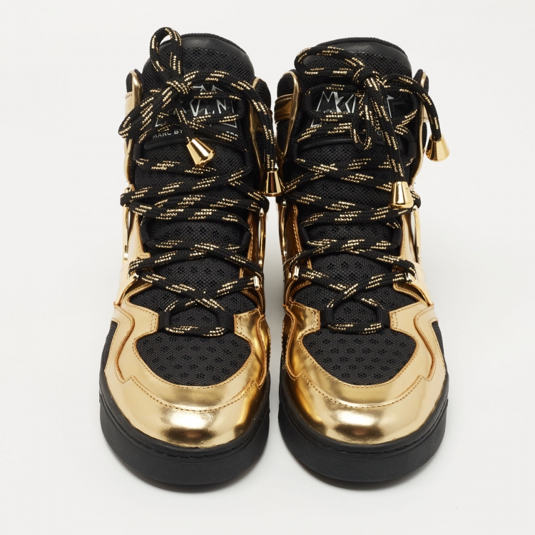 Pre Owned Marc Jacobs Black/Gold Leather and Mesh High Top Sneakers Size 38