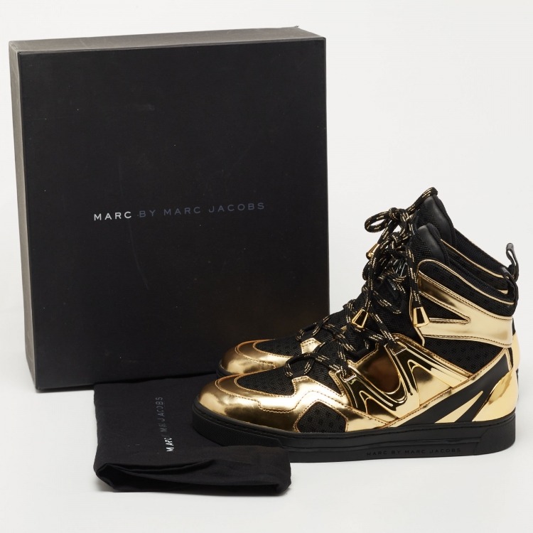 Pre Owned Marc Jacobs Black/Gold Leather and Mesh High Top Sneakers Size 38