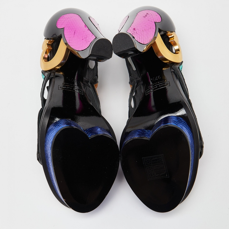 Pre Owned Marc Jacobs Multicolor Leather and Watersnake Heart Cut Out Open Toe Platform Pumps Size 37.5