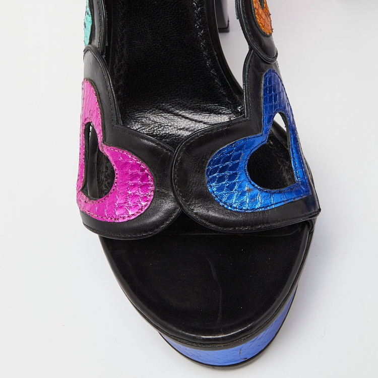 Pre Owned Marc Jacobs Multicolor Leather and Watersnake Heart Cut Out Open Toe Platform Pumps Size 37.5