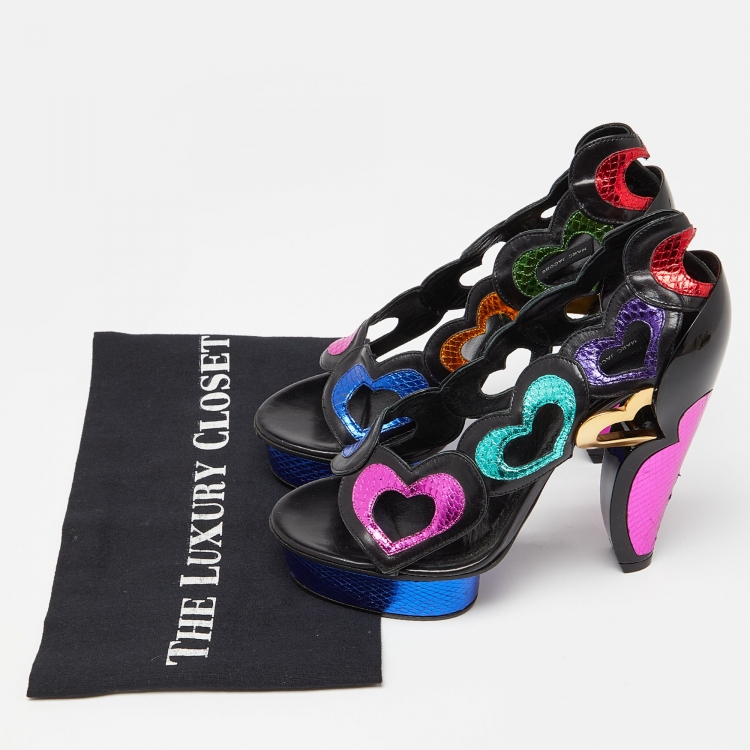 Pre Owned Marc Jacobs Multicolor Leather and Watersnake Heart Cut Out Open Toe Platform Pumps Size 37.5