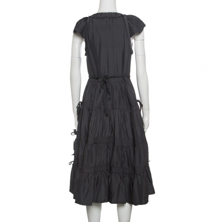 Pre Owned Marc Jacobs Grey Plunge Neck Ruffled Tie Detail Silk Dress S