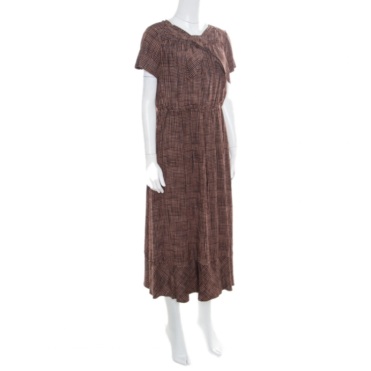 Pre Owned Marc Jacobs Brown Printed Silk Bow Detail Pleated Maxi Dress M
