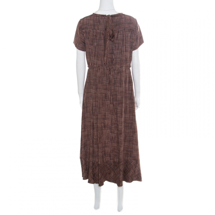 Pre Owned Marc Jacobs Brown Printed Silk Bow Detail Pleated Maxi Dress M