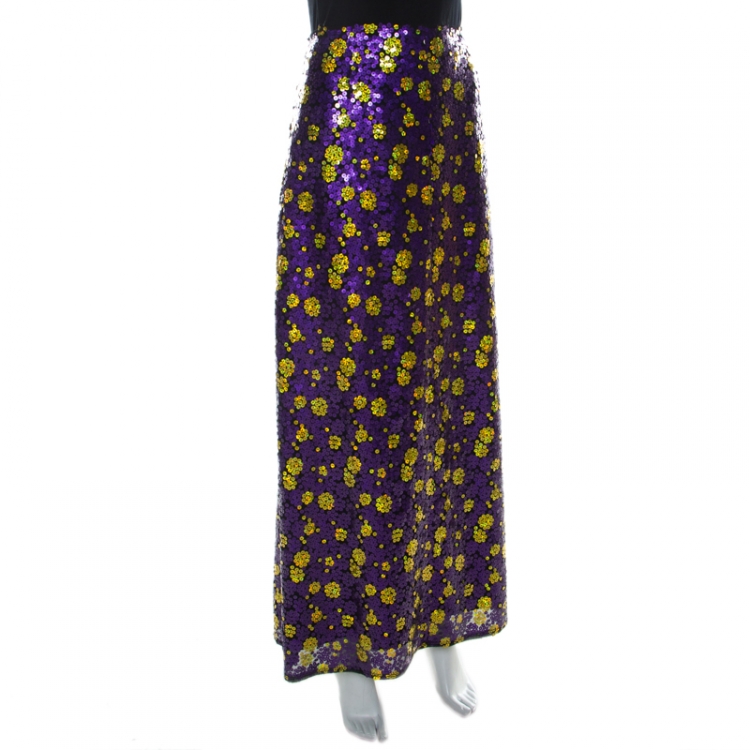 Pre Owned Marc Jacobs Purple Sequin Embellished Silk Maxi Skirt L