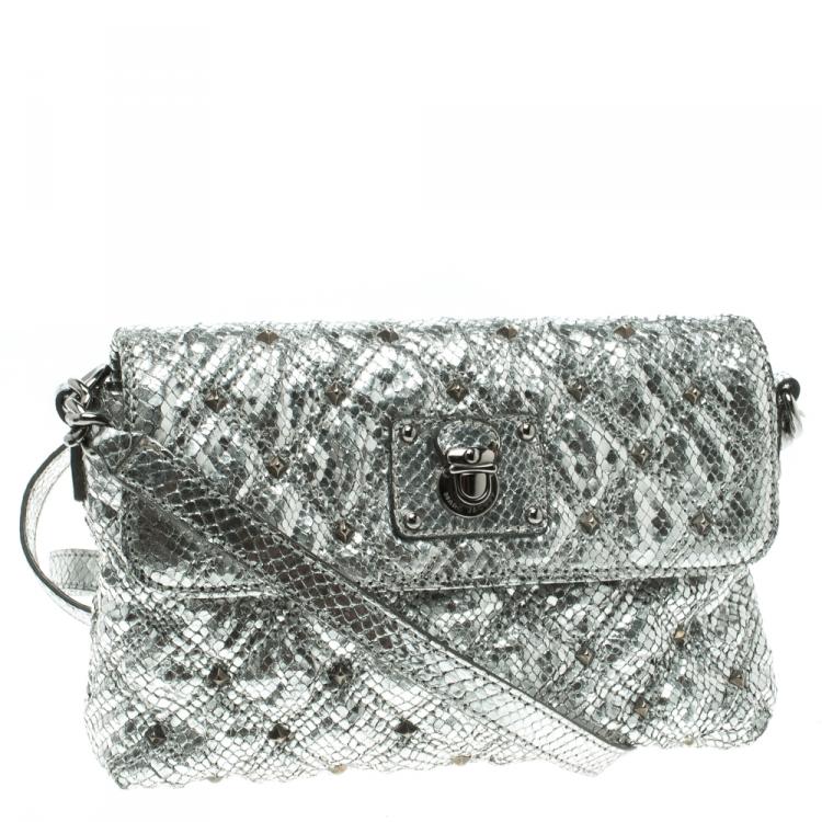 Pre Owned Marc Jacobs Silver Quilted Python Embossed Leather Crossbody Bag