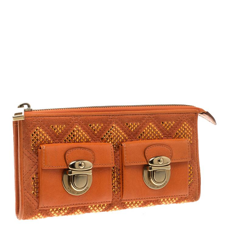 Pre Owned Marc Jacobs Orange Quilted Leather Crystal Embellished Double Pocket Zip Wallet