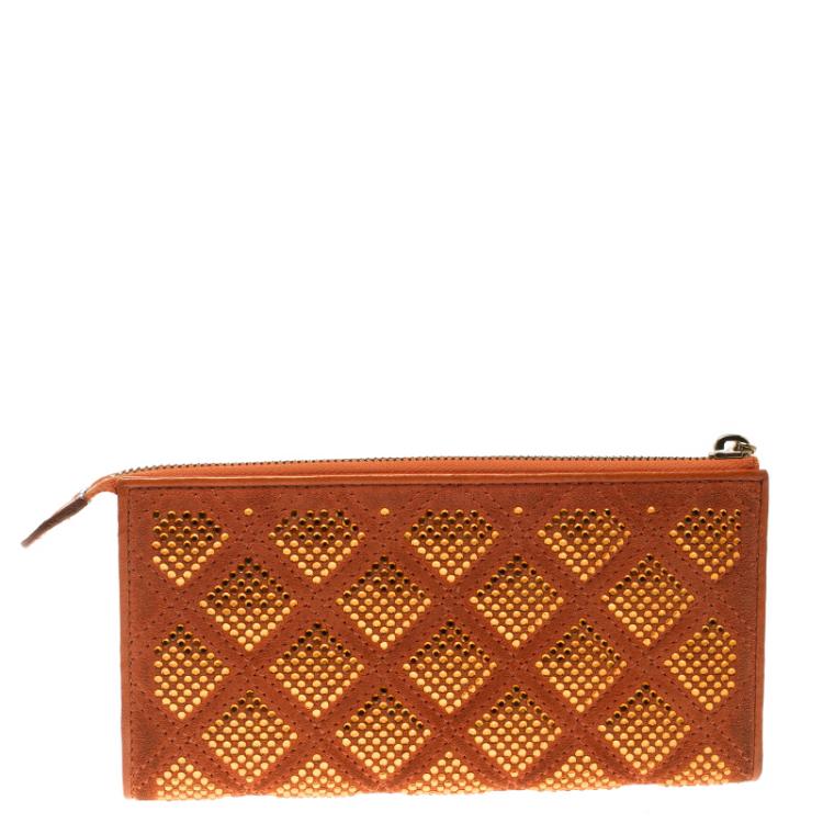 Pre Owned Marc Jacobs Orange Quilted Leather Crystal Embellished Double Pocket Zip Wallet