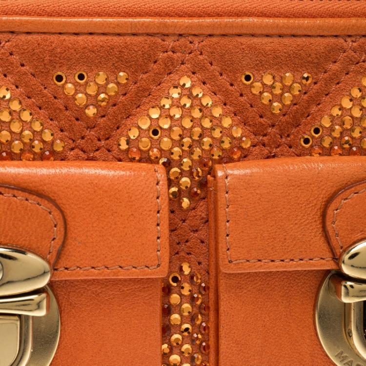 Pre Owned Marc Jacobs Orange Quilted Leather Crystal Embellished Double Pocket Zip Wallet