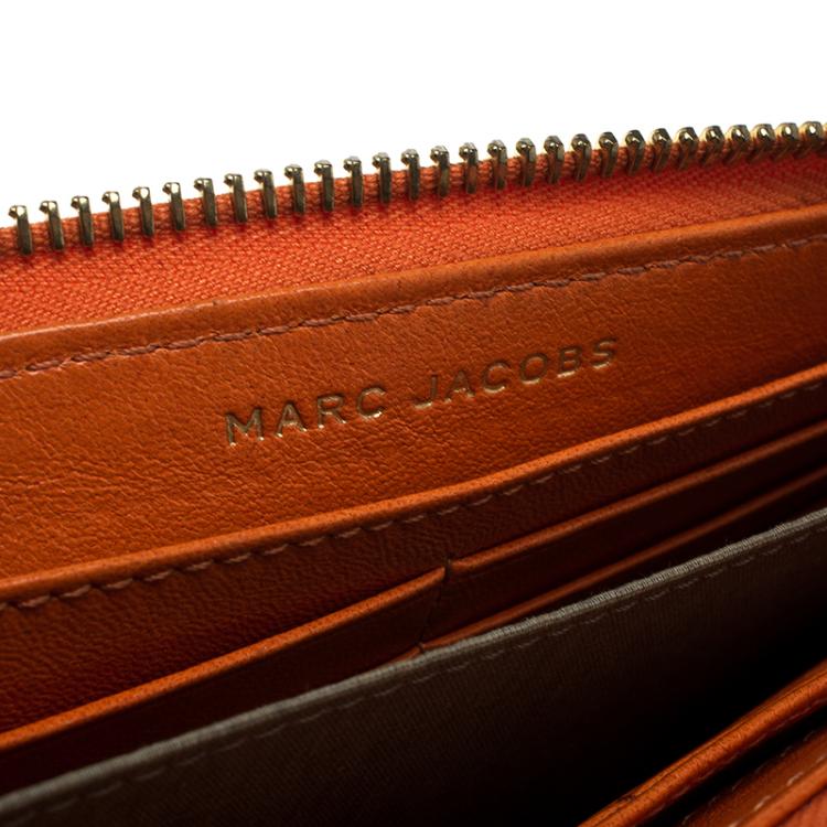 Pre Owned Marc Jacobs Orange Quilted Leather Crystal Embellished Double Pocket Zip Wallet