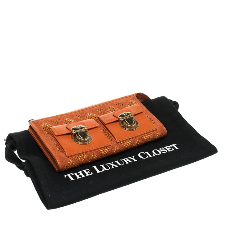 Pre Owned Marc Jacobs Orange Quilted Leather Crystal Embellished Double Pocket Zip Wallet