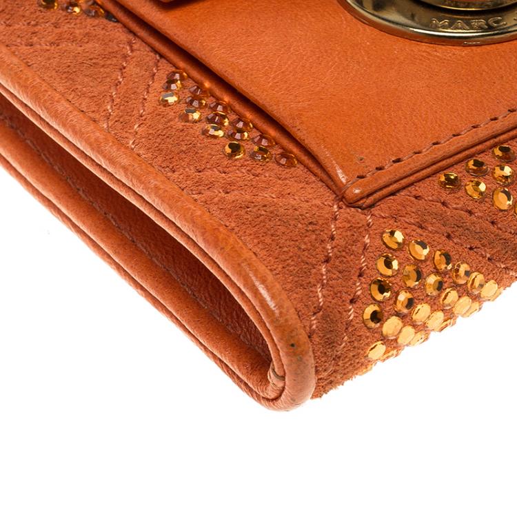 Pre Owned Marc Jacobs Orange Quilted Leather Crystal Embellished Double Pocket Zip Wallet