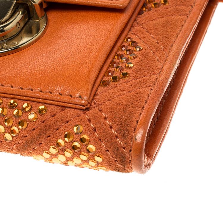Pre Owned Marc Jacobs Orange Quilted Leather Crystal Embellished Double Pocket Zip Wallet