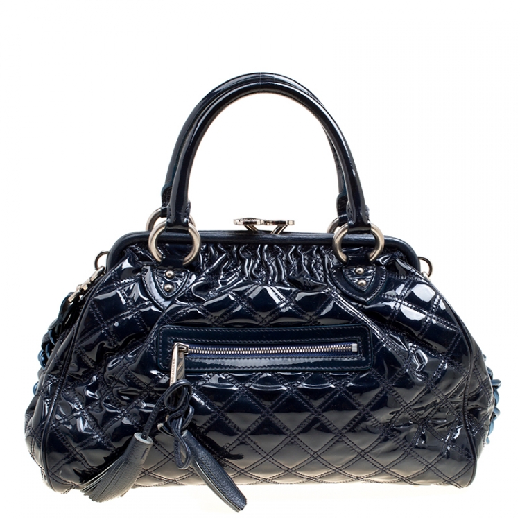 Pre Owned Marc Jacobs Dark Blue Quilted Patent Leather Stam Top Handle Shoulder Bag