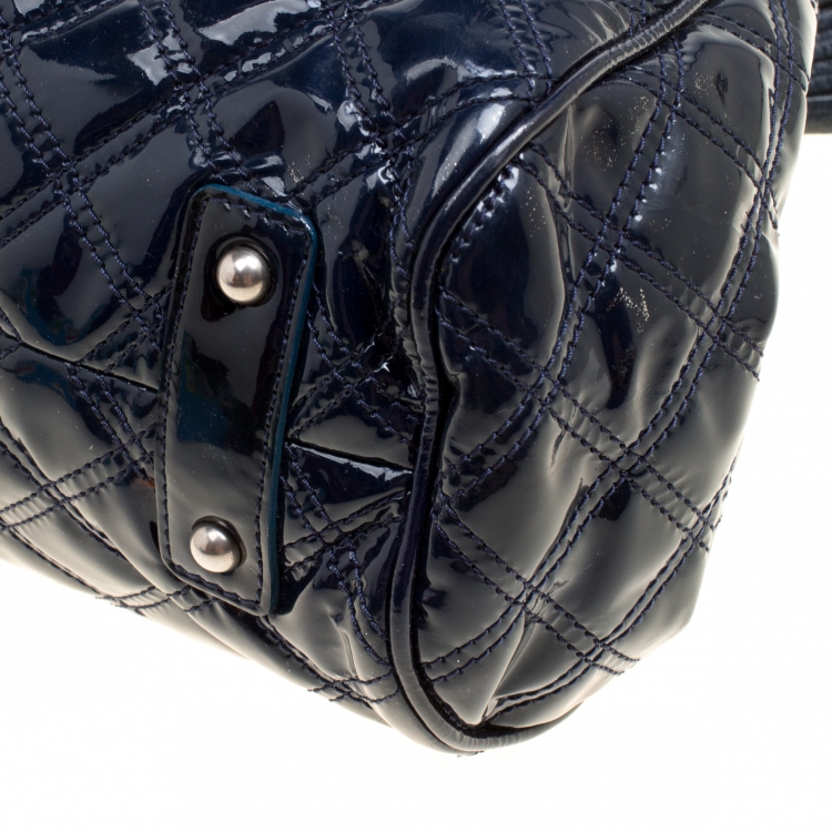 Pre Owned Marc Jacobs Dark Blue Quilted Patent Leather Stam Top Handle Shoulder Bag