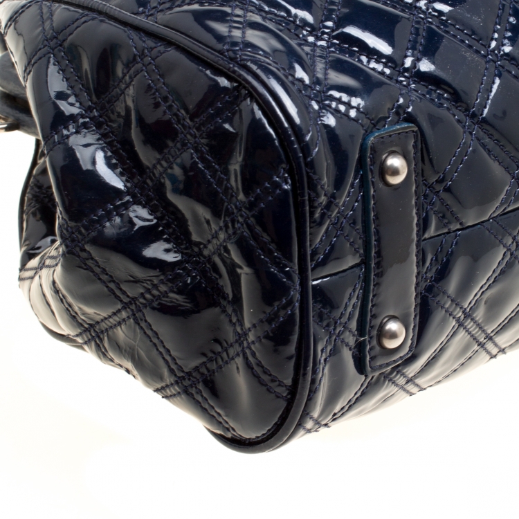 Pre Owned Marc Jacobs Dark Blue Quilted Patent Leather Stam Top Handle Shoulder Bag