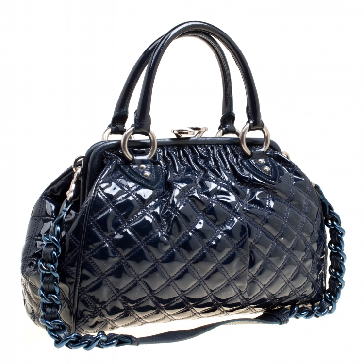 Pre Owned Marc Jacobs Dark Blue Quilted Patent Leather Stam Top Handle Shoulder Bag