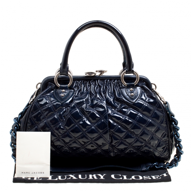 Pre Owned Marc Jacobs Dark Blue Quilted Patent Leather Stam Top Handle Shoulder Bag