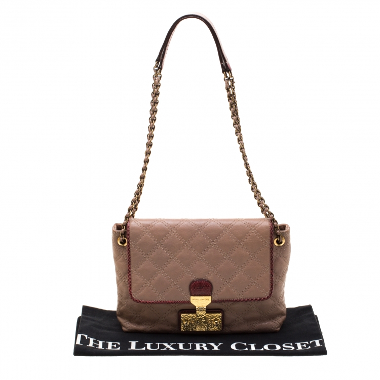 Pre Owned Marc Jacob Peach/Red Quilted Leather and Python Trim Flap Bag