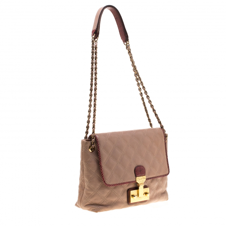 Pre Owned Marc Jacob Peach/Red Quilted Leather and Python Trim Flap Bag