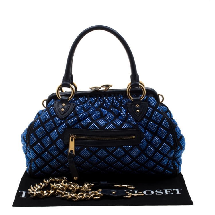 Pre Owned Marc Jacobs Blue Crystal Embellished Quilted Suede and Leather Stam Shoulder Bag