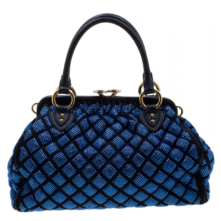 Pre Owned Marc Jacobs Blue Crystal Embellished Quilted Suede and Leather Stam Shoulder Bag