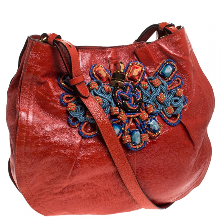 مملوكة مسبقًا Marc Jacobs Orange Embellished Patent Leather Daisy Hobo
