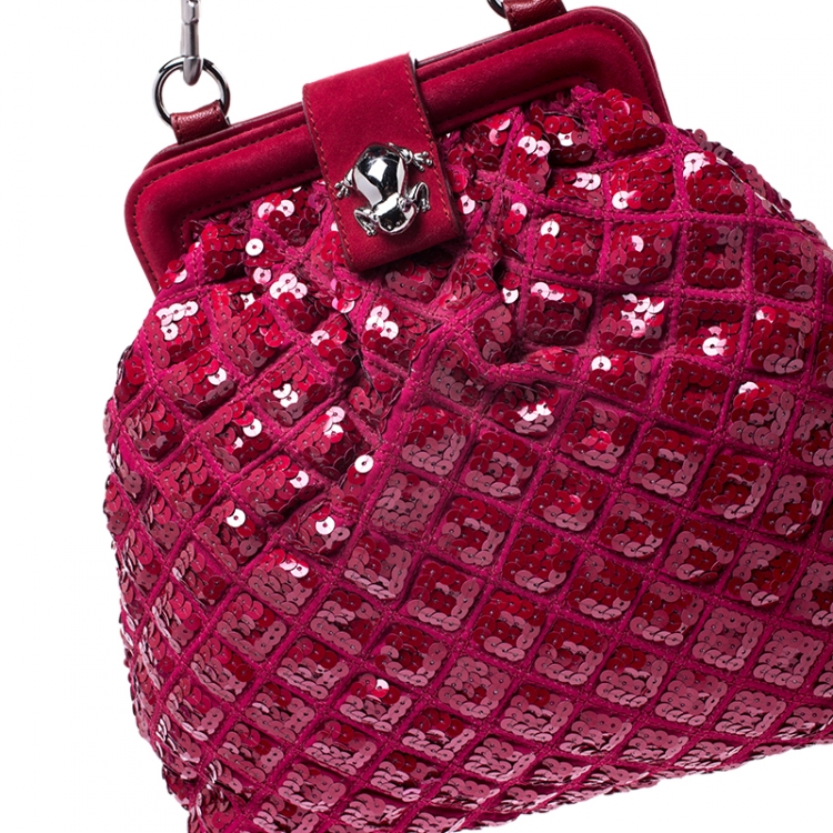 Pre Owned Marc Jacobs Red Sequins Embellished Canvas and Suede Frog Frame Shoulder Bag