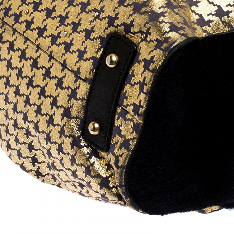 Pre Owned Marc Jacobs Black/Gold Houndstooth Print Leather and Fur Little Stam Shoulder Bag