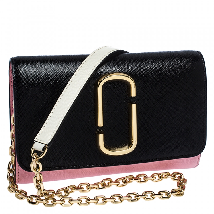 Pre Owned Marc Jacbos Pink/Black Leather Snapshot Wallet On Chain