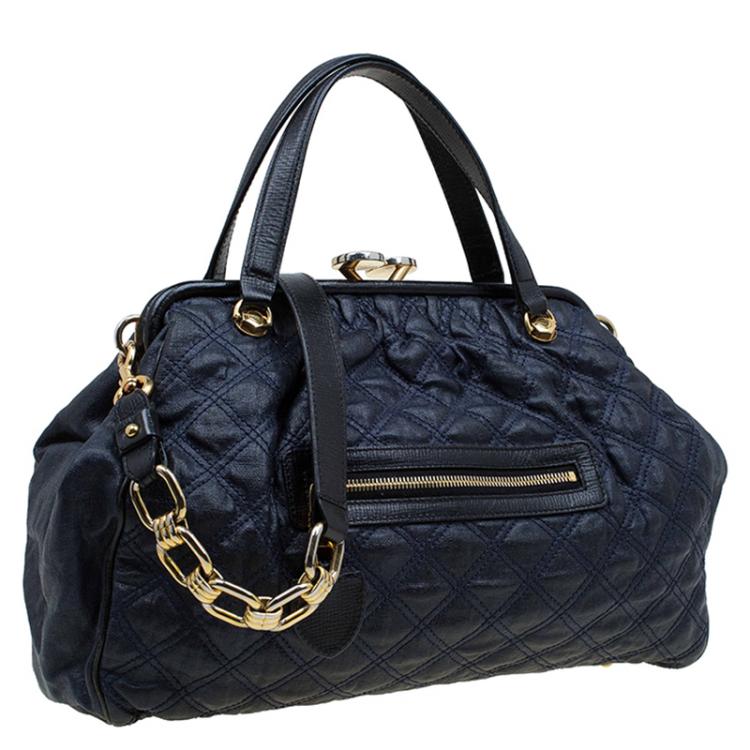 Pre Owned Marc Jacobs Dark Blue Quilted Coated Canvas Stam Satchel
