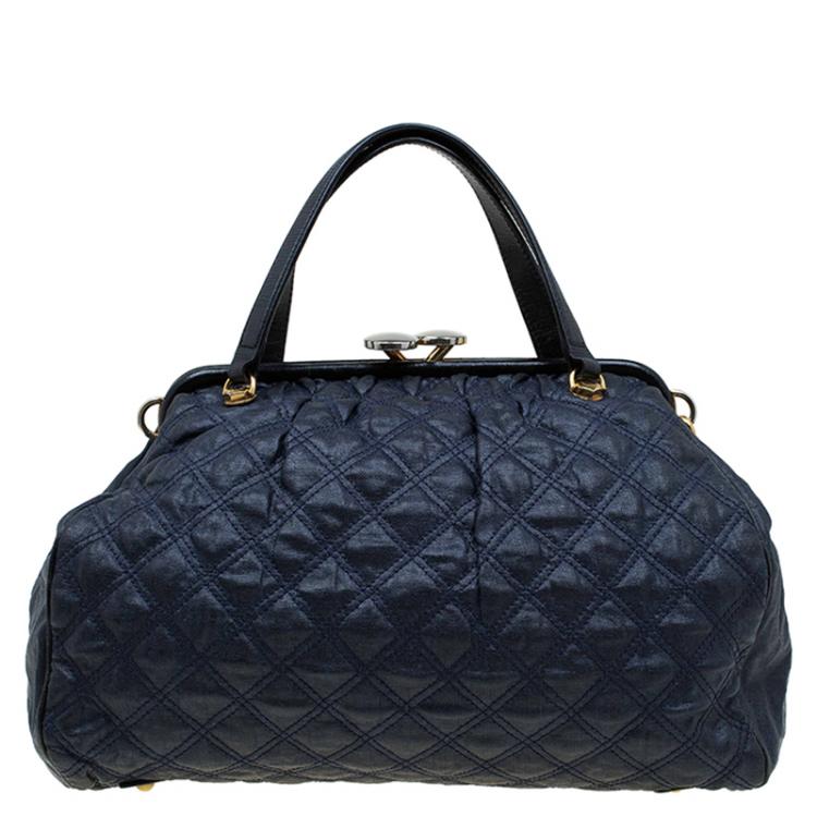 Pre Owned Marc Jacobs Dark Blue Quilted Coated Canvas Stam Satchel