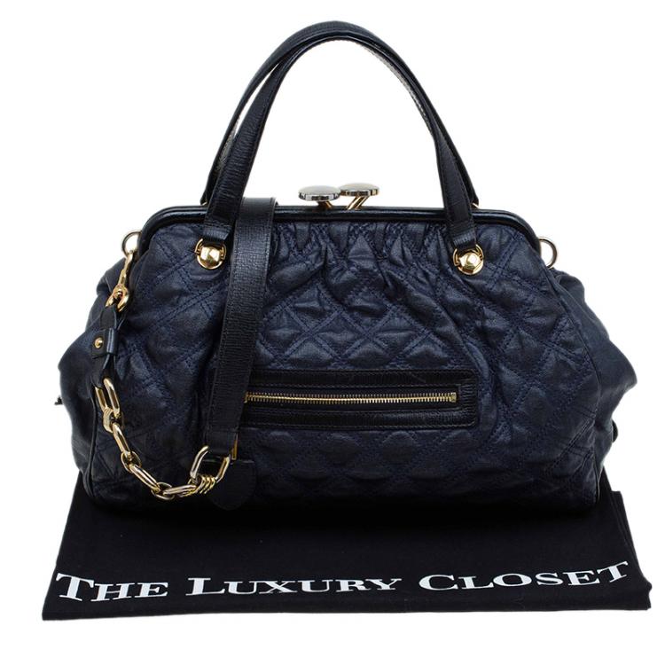 Pre Owned Marc Jacobs Dark Blue Quilted Coated Canvas Stam Satchel