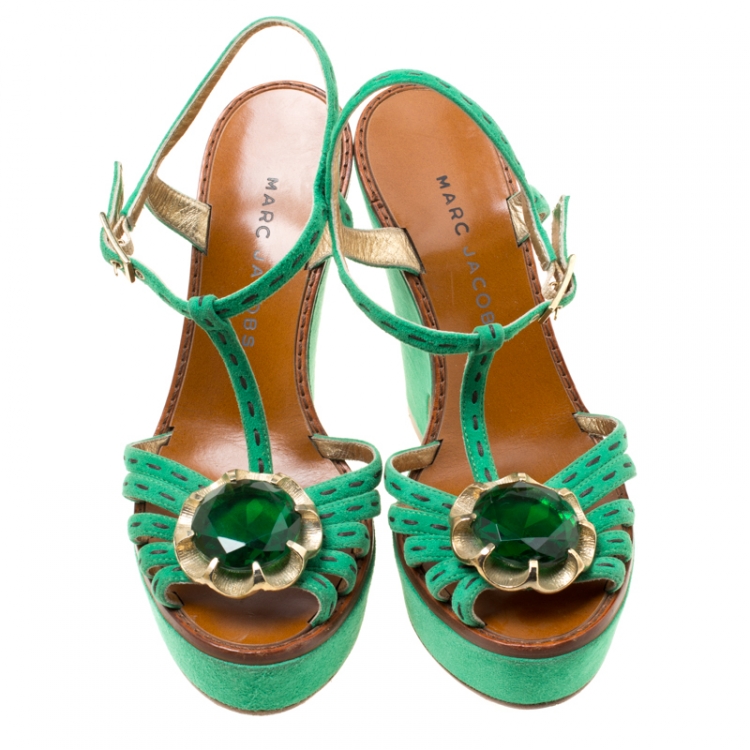 Pre Owned Marc Jacobs Green Suede Crystal Flower Embellished Ankle Strap Platform Sandals Size 36