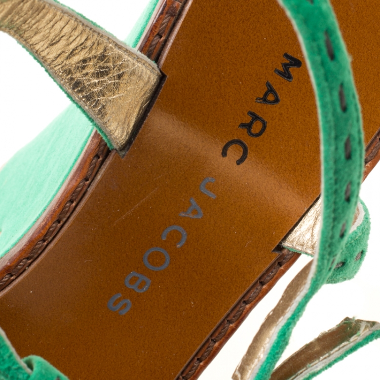 Pre Owned Marc Jacobs Green Suede Crystal Flower Embellished Ankle Strap Platform Sandals Size 36