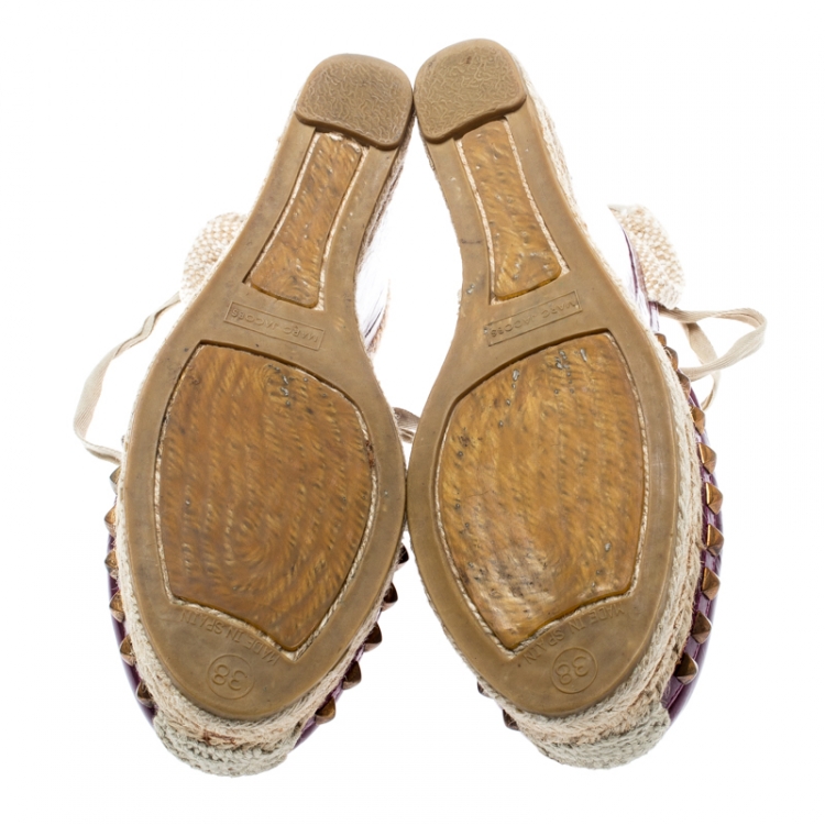 Pre Owned Marc Jacobs Burgundy Patent Leather Wedge Espadrille Platform Sandals Size 38