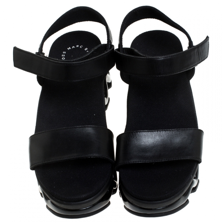Pre Owned Marc by Marc Jacobs Black Leather Zigzag Platform Ankle Strap Sandals Size 38