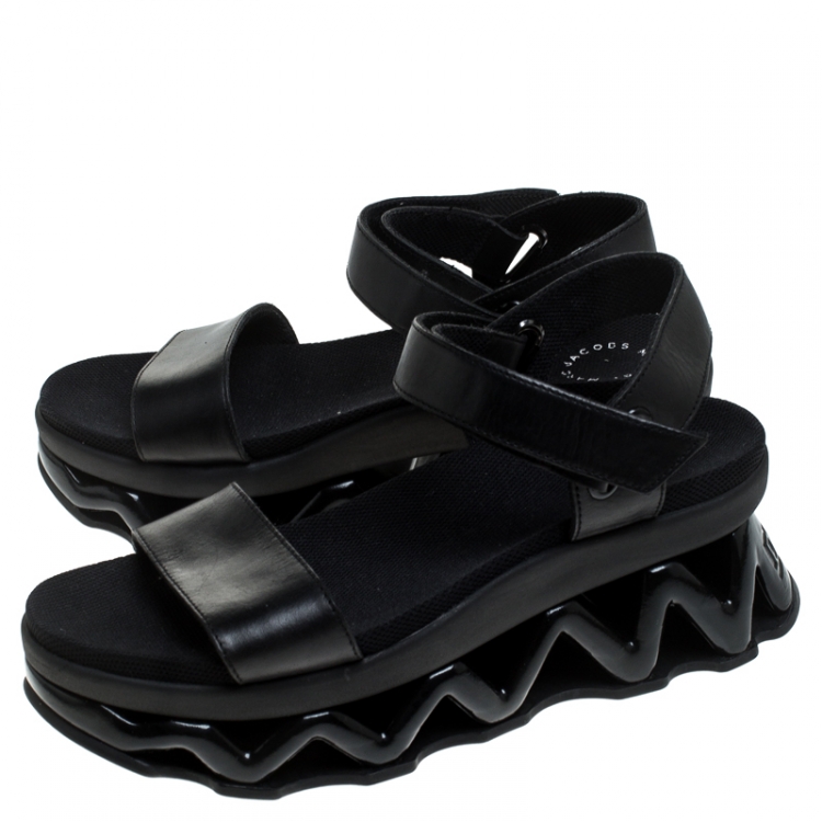 Pre Owned Marc by Marc Jacobs Black Leather Zigzag Platform Ankle Strap Sandals Size 38
