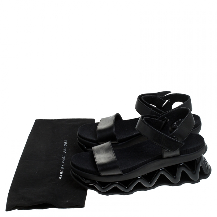 Pre Owned Marc by Marc Jacobs Black Leather Zigzag Platform Ankle Strap Sandals Size 38