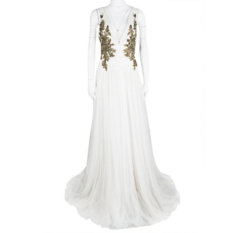 Pre Owned Marchesa White Ruched Detail Embellished Tulle Gown XL