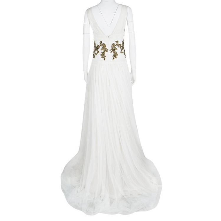 Pre Owned Marchesa White Ruched Detail Embellished Tulle Gown XL