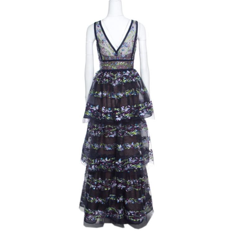 Pre Owned Marchesa Notte Blue Tiered Floral and Butterfly Embroidered Evening Gown XS
