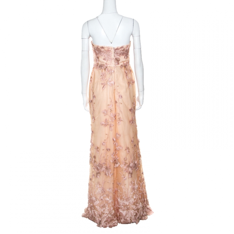 Pre Owned Marchesa Notte Peach Floral Embroidered Sequin Embellished Detail Strapless Evening Gown M