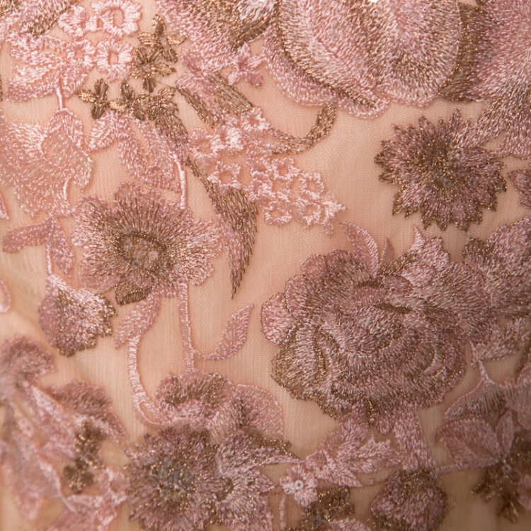 Pre Owned Marchesa Notte Peach Floral Embroidered Sequin Embellished Detail Strapless Evening Gown M