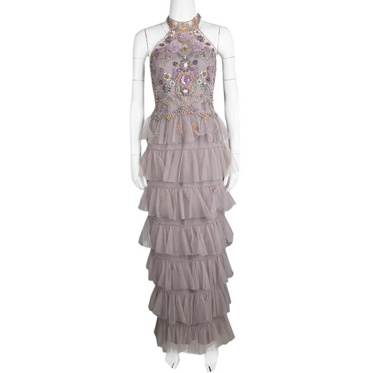 Marchesa Notte Purple Embellished Halter Neck Tiered Gown S Marchesa | TLC