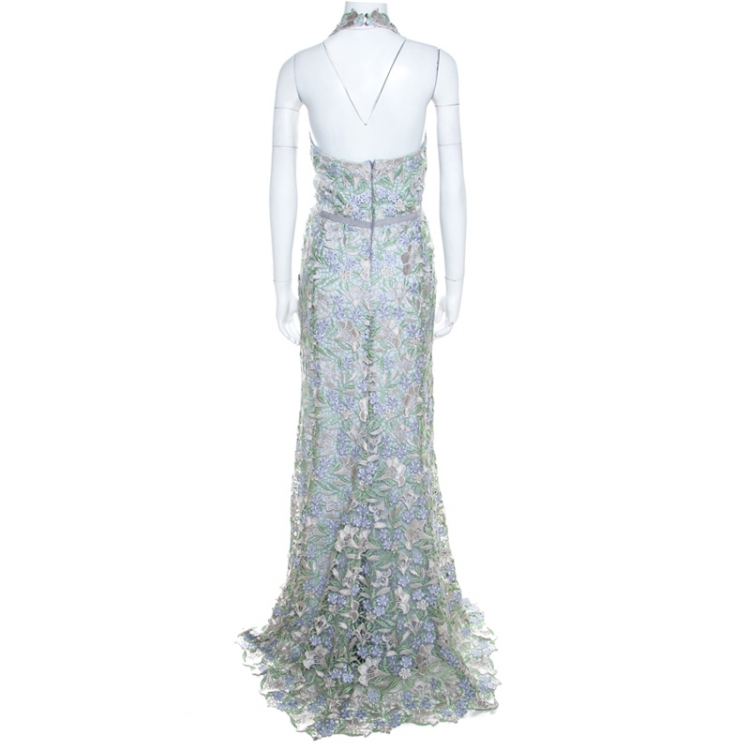 Pre Owned Marchesa Notte Pale Blue Guipure Floral Lace Overlay Halter Gown L
