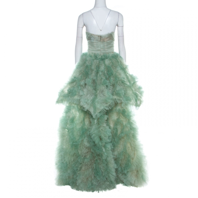 Pre Owned Marchesa Pale Green Tulle Embellished Detail Strapless Gown S