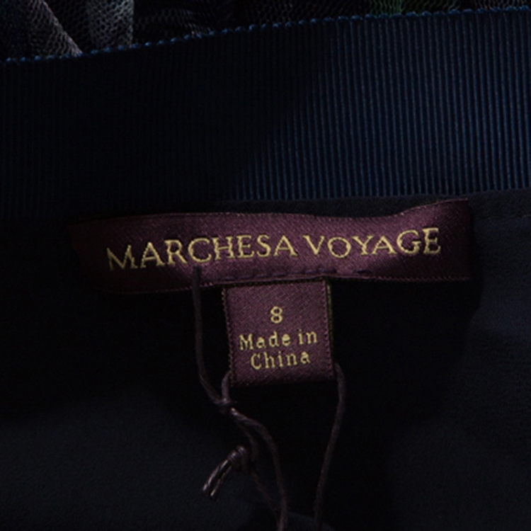 Pre Owned Marchesa Voyage Iris Blue Printed Tulle Pleated Column Skirt M