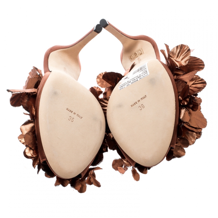 Pre Owned Marco De Vincenzo Metallic Bronze Silk Flower And Satin Open Toe Mules Size 36